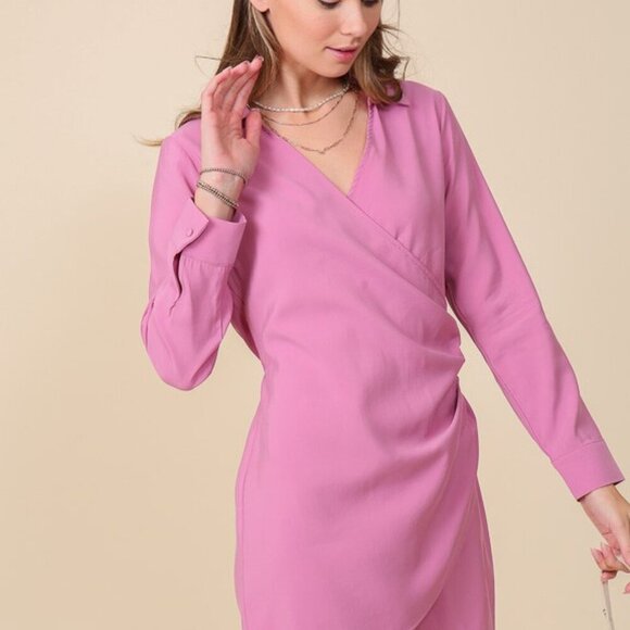 LUMIERE Pink Wrap Mini Dress with Long Sleeves, Collared Surplice Style - Picture 3 of 8